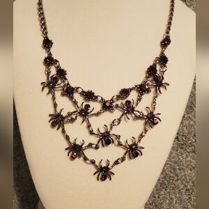 Swarovski Crystal Spider Bib Purple Amethyst Aubergine Pewter Halloween Necklace